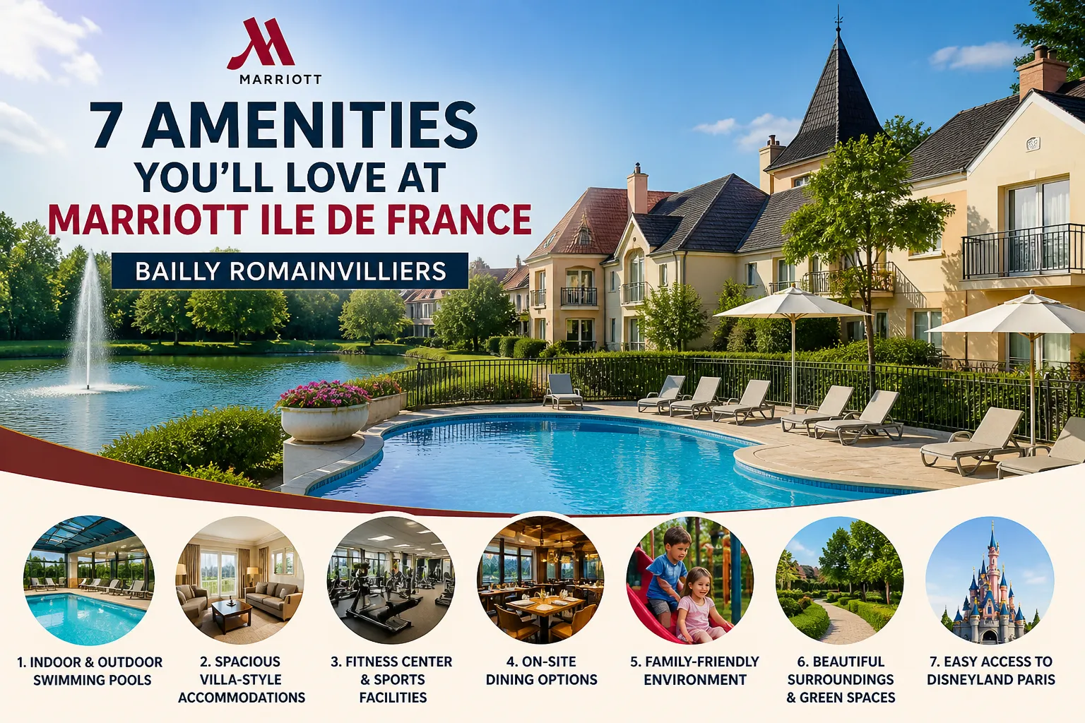Marriott Ile de France Bailly Romainvilliers resort amenities including villas pool and family facilities near Disneyland Paris