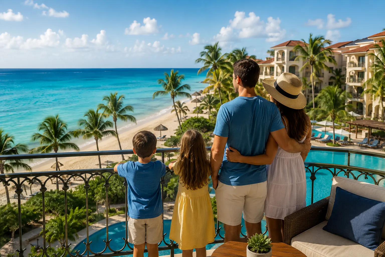 Family enjoying a luxury beachfront timeshare resort before buying vacation ownership