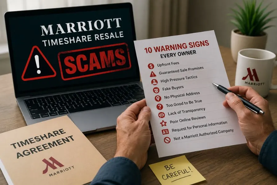 Marriott Vacation Club owner reviewing warning signs to avoid timeshare resale scams before choosing a resale company