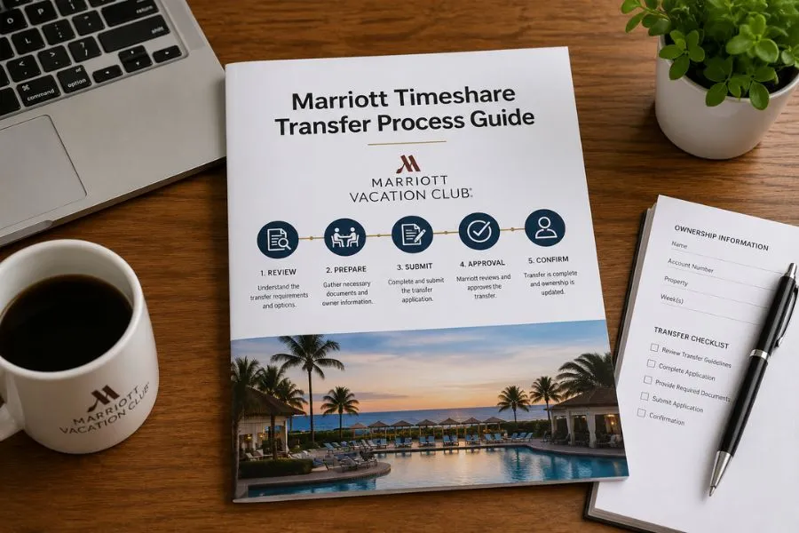 Marriott Vacation Club ownership transfer process showing buyer agreement, document verification, transfer review, and ownership completion