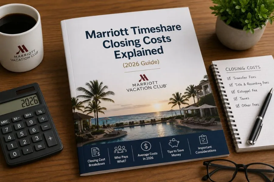 Buyer and seller reviewing Marriott Vacation Club closing documents and transfer costs during a timeshare resale transaction