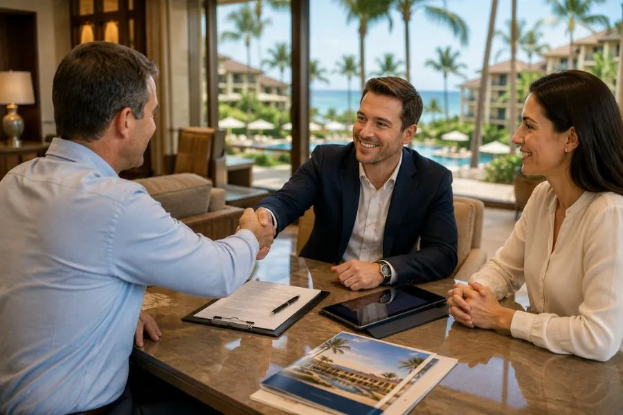 How to Negotiate the Sale of Your Timeshare Timeshare Vacation Club owner reviewing a resale offer and discussing negotiation strategies before selling a timeshare