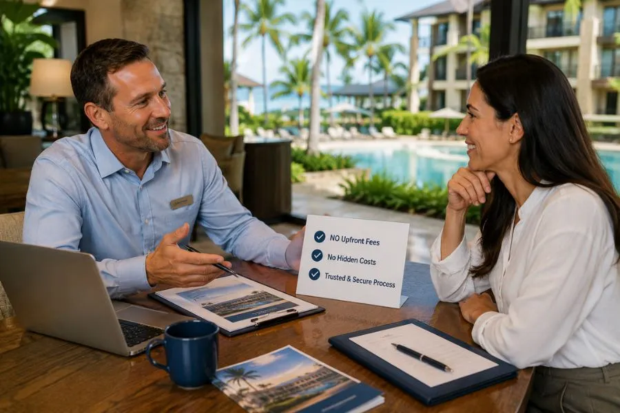 Owner reviewing timeshare resale options without upfront fees before selling a timeshare.
