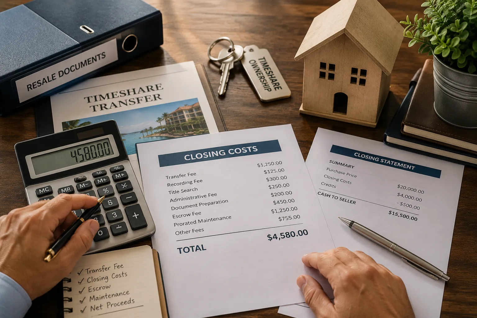 Documents and calculator representing timeshare transfer fees and closing costs before selling